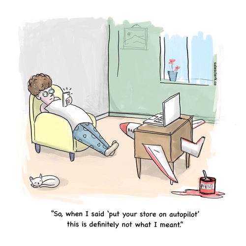 A cartoon on store autopilot